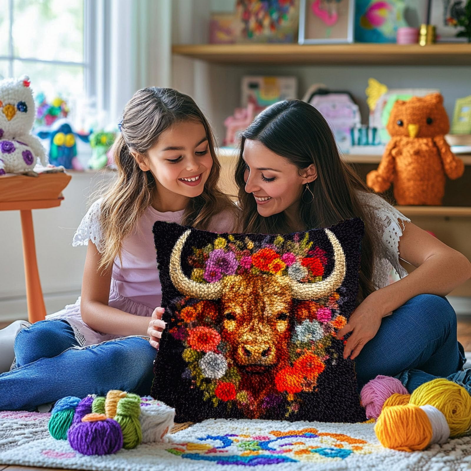 Cute Highland Cattle in Flowers DIY Latch Hook Pillow Kits for Adults Printed Pillowcase Crochet Yarns Hooking Handmade Pillow Cover Cushion for Home Sofa Decoration 17x17inch