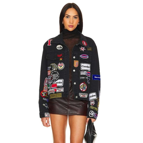 Embroidered Patch Denim Jacket (S, Black)