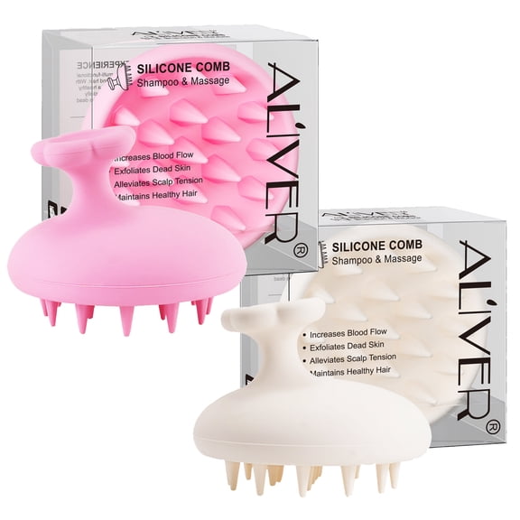 Aliver Silicone Massage Comb, 2Pack Hair Scalp Massager Shampoo Brush, Silicone Bristles for Scalp Scrub, Head Massage, Dandruff Comb Scalp Scrubber Exfoliator - White&Pink