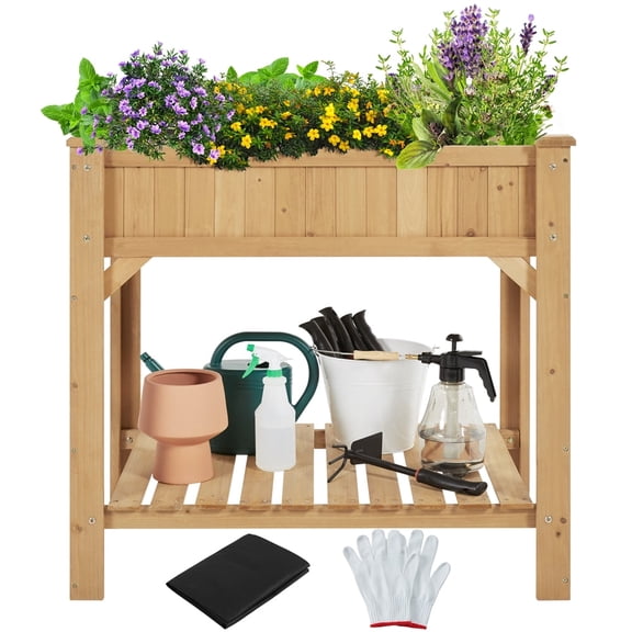 Yaheetech 8-Pocket Wood Elevated Planter Raised Bed with Fabric Liner, Protective Gloves, Light Brown