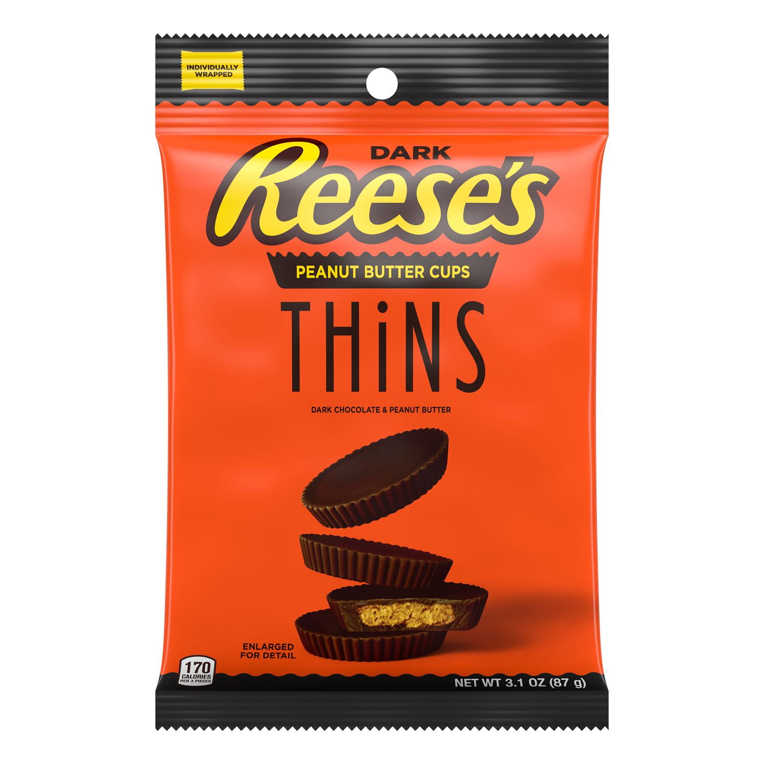 REESE'S, THiNS Dark Chocolate Peanut Butter Cups Candy, Individually Wrapped, 3.1 oz, Bag