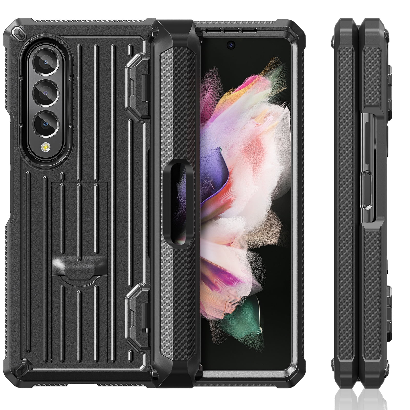 TECH CIRC Case for Samsung Galaxy Z Fold 3 Compatible with MagSafe, Heavy Duty Rugged PC Shockproof Hinge Protection Cover with Hidden Bracket Screen Protector S Pen Holder Galaxy Z Fold 3 Case,Black