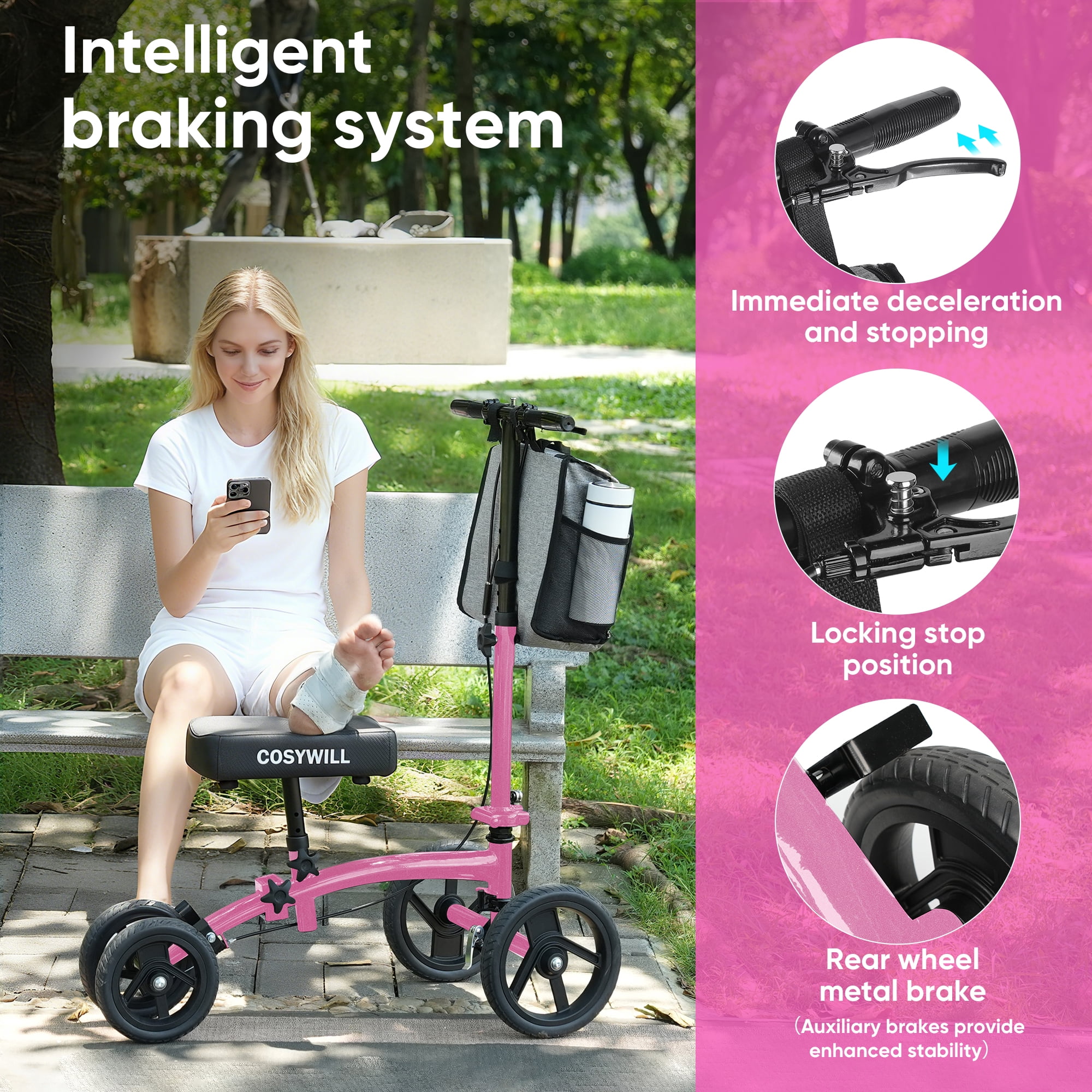 COSYWILL Steerable Knee Scooter,Economy Knee Walker,All Terrain Foldable Medical Scooter for Foot Injuries Crutches Alternative,Pink