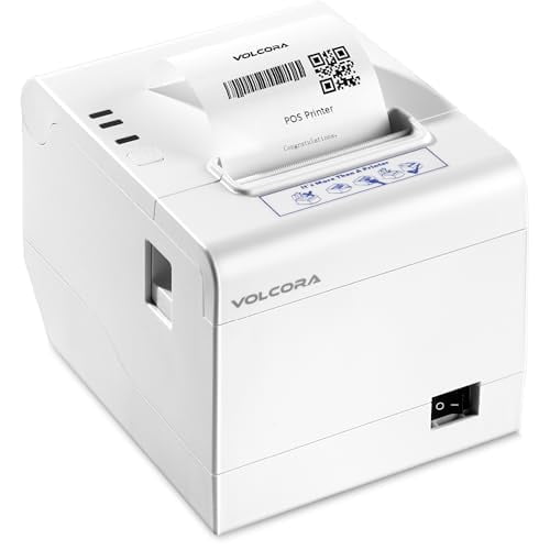 Volcora Thermal Receipt Printer, 80mm POS Printer w/Auto Cutter, USB/Ethernet Interface for Windows/MAC/Linux, ESC/POS Command Support Cash Drawer, High Speed Kitchen Printer, Wall Mount (White)