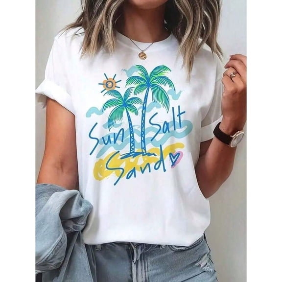 Women'S Tropical Palm Tree & Sun Salt Graphic T-Shirt - Short Sleeve Round Neck Summer Beachwear Top