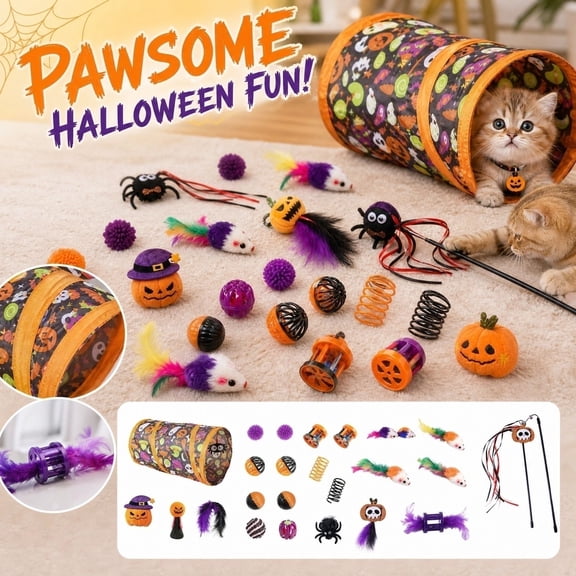 NovaStitch Halloween Cat Tunnel Toy Set Foldable Spider Ghost Pumpkin Print Play Tube with Feather Teaser Wand Cat Toy for Indoor Cats Kittens Interactive Exercise Pet Supplies