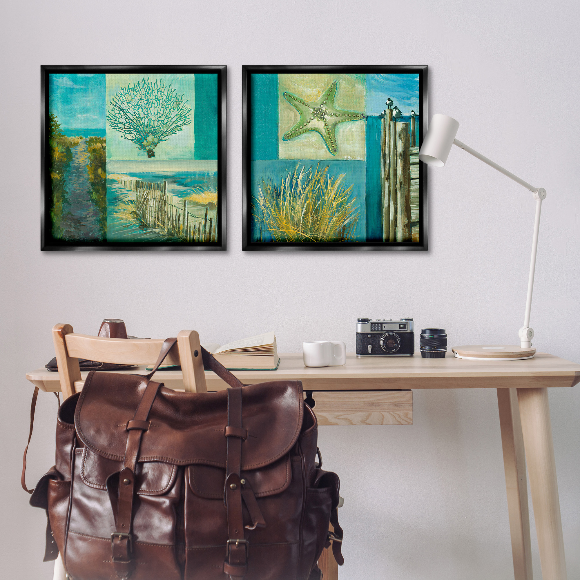 Stupell Industries Maritime Summer Collage Landscape Painting Black Floater Framed Canvas Art Print Wall Art, 25 x 25, Set of 2