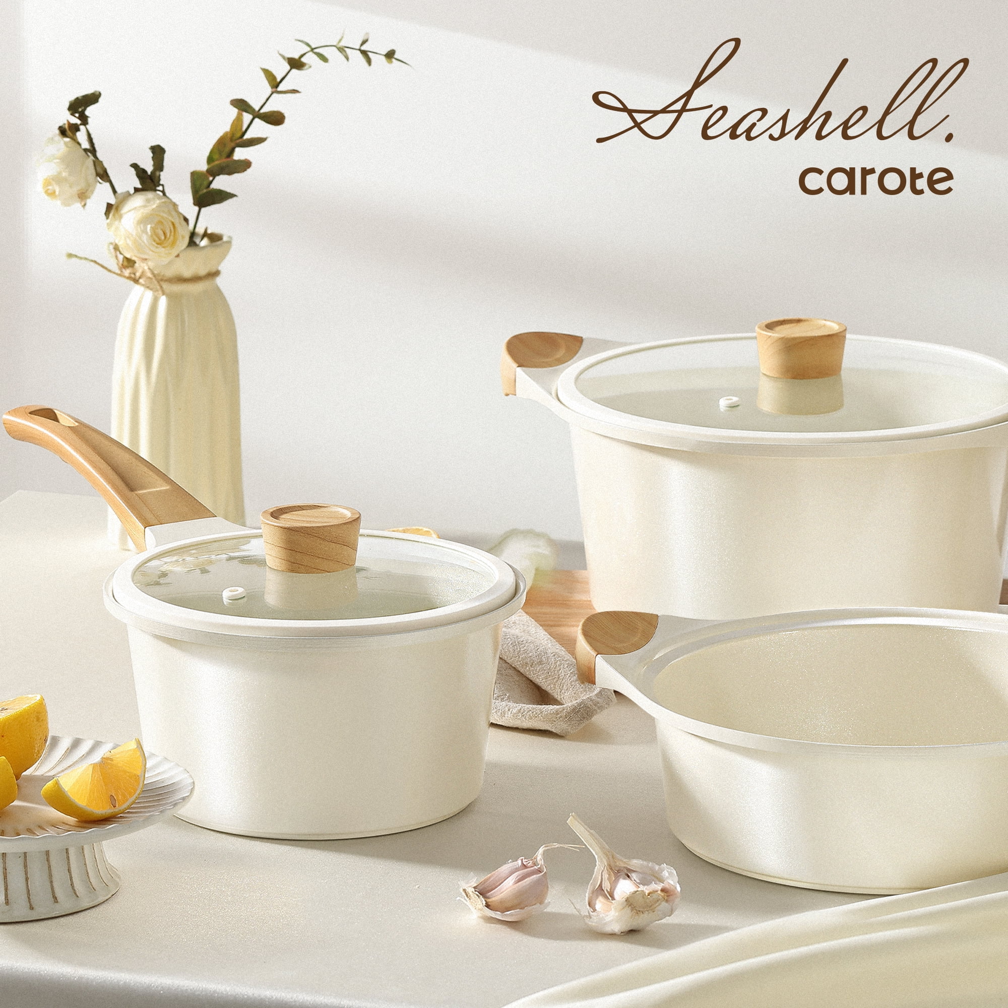 Carote 6pcs Ceramic Cookware Sets, Induction Pots and Pans, Non Stick Pots Sets, White