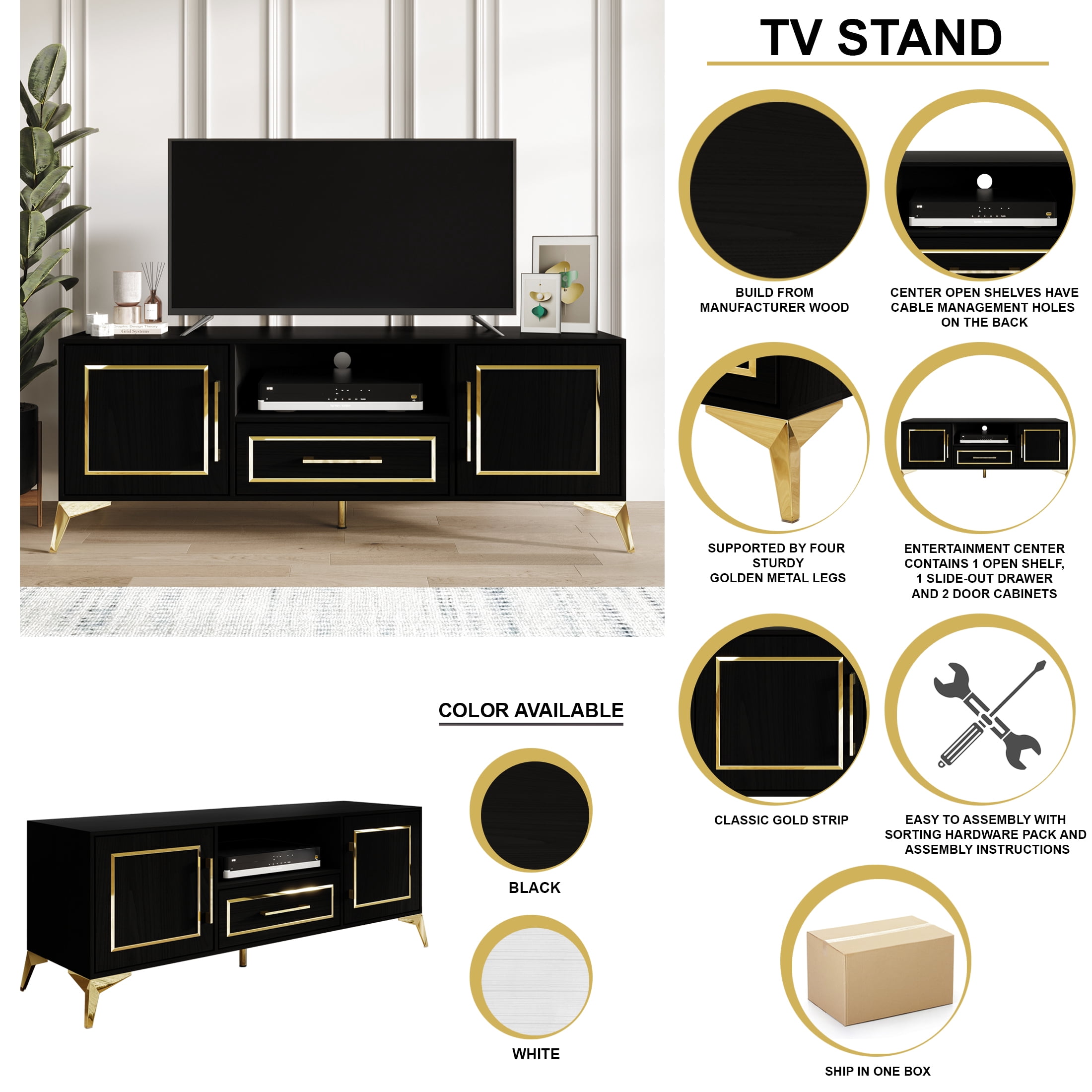 Castle Place Glam 55" TV Stand Console for TVs up to 65", Black