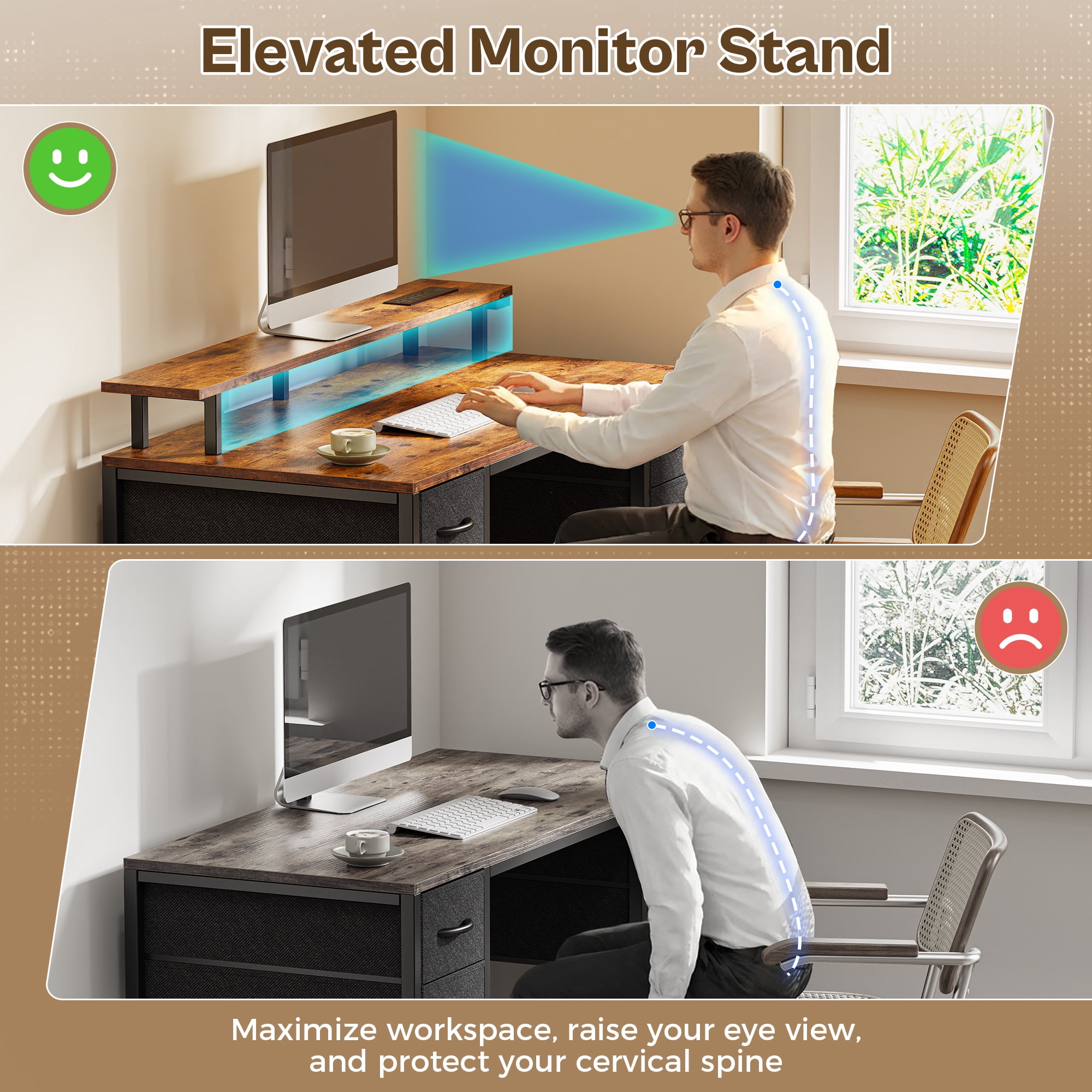 Amadwell 47" Gaming Computer Desk with LED Lights, Power Outlets, Home Office Writing Desk with 4 Drawers, Rustic Brown
