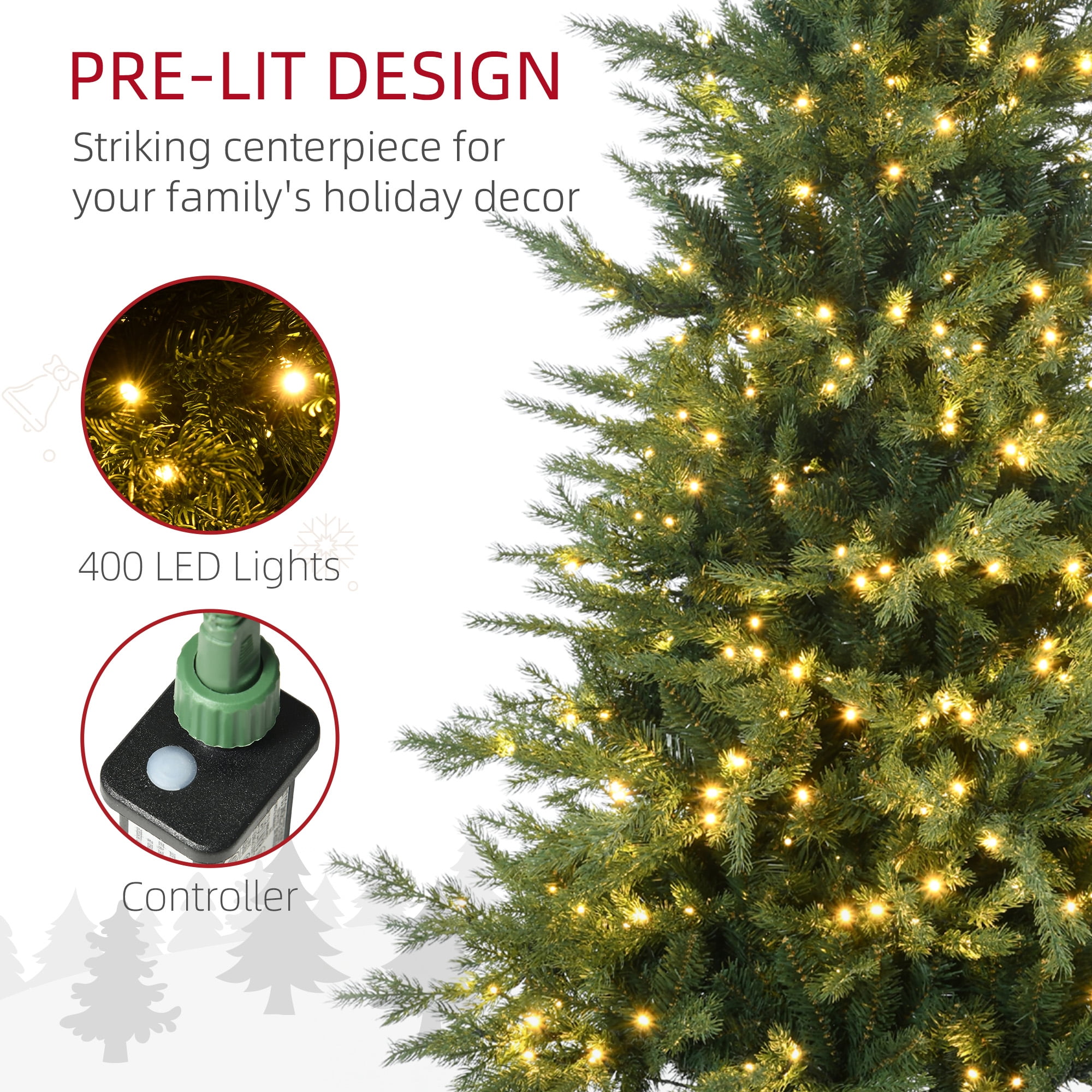 6FT Green Real Tree Shape Artificial Christmas Tree, 2328 Tips 400 Warm White LEDs 8 Modes, Hinge Section Auto-Opening Branches, Flame Retardant Steel Base, Indoor Holiday Decor
