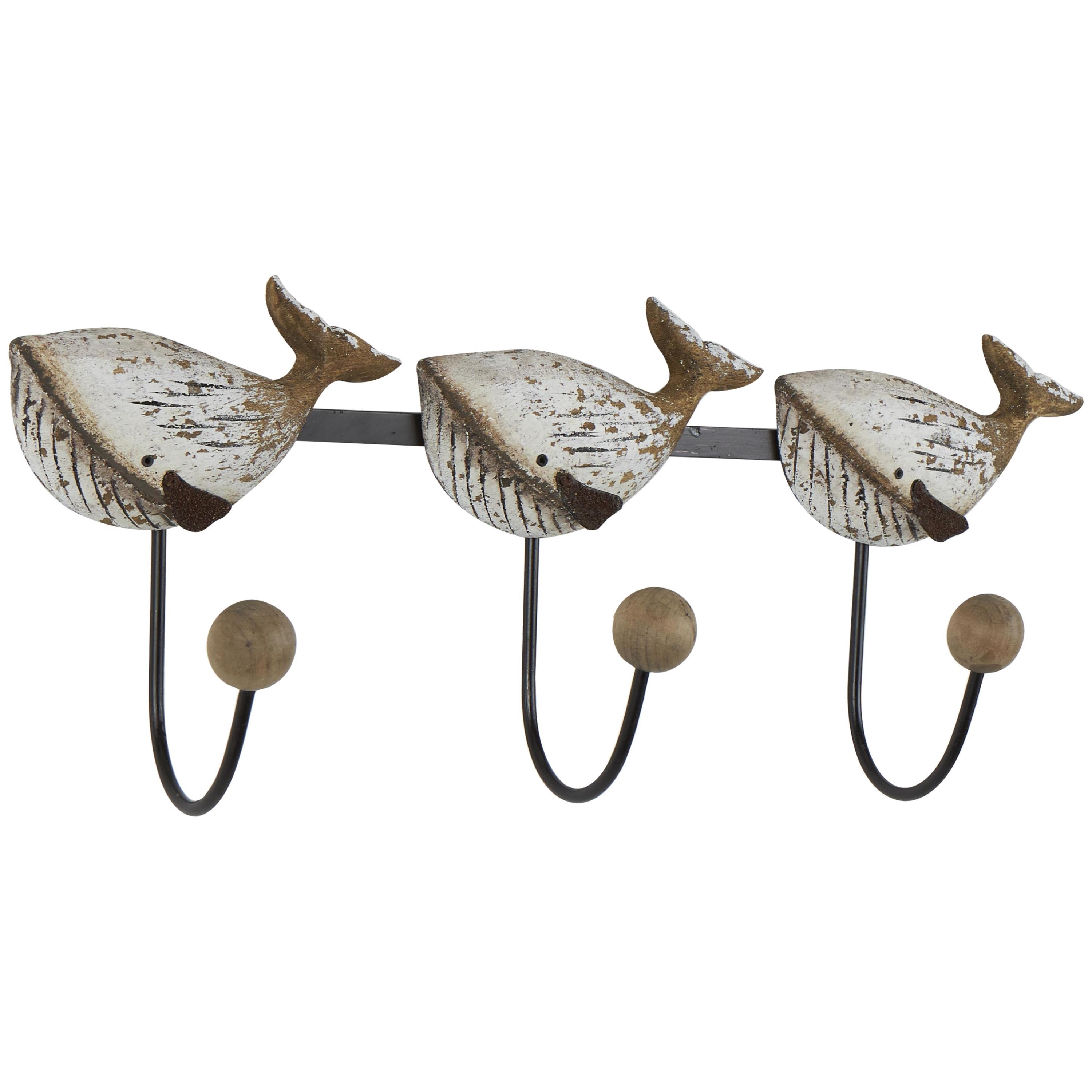 DecMode 18" x 8" Beige Wood Handmade Distressed 3 Hanger Whale Wall Hook with Black Metal Accents and Wood Ball Details, 1-Piece