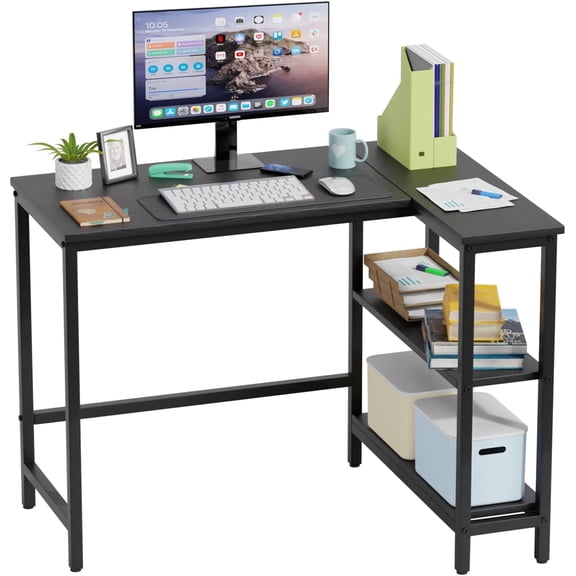 PayLessHere 43 Inch L-Shaped Computer Desk with Metal Frame and Reversible Storage Shelves,Black