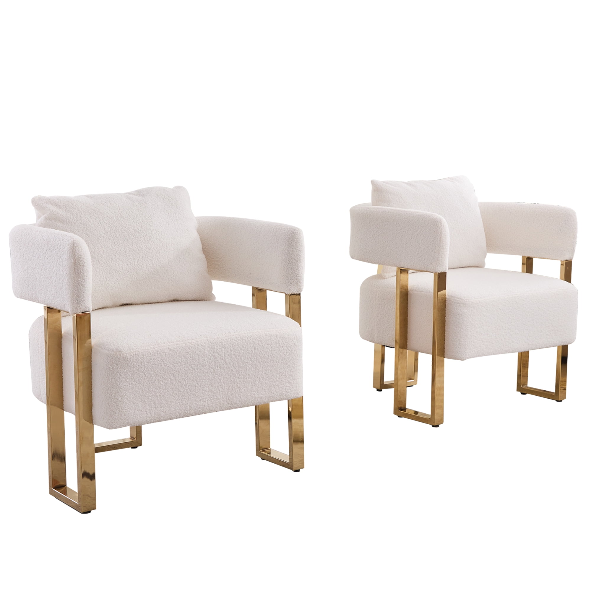 Leumius Teddy Accent Chairs Set of 2,Morden Upholstered Armchair Dining Side Chairs with Gold Metal Legs for Dining Kitchen Living Room,White