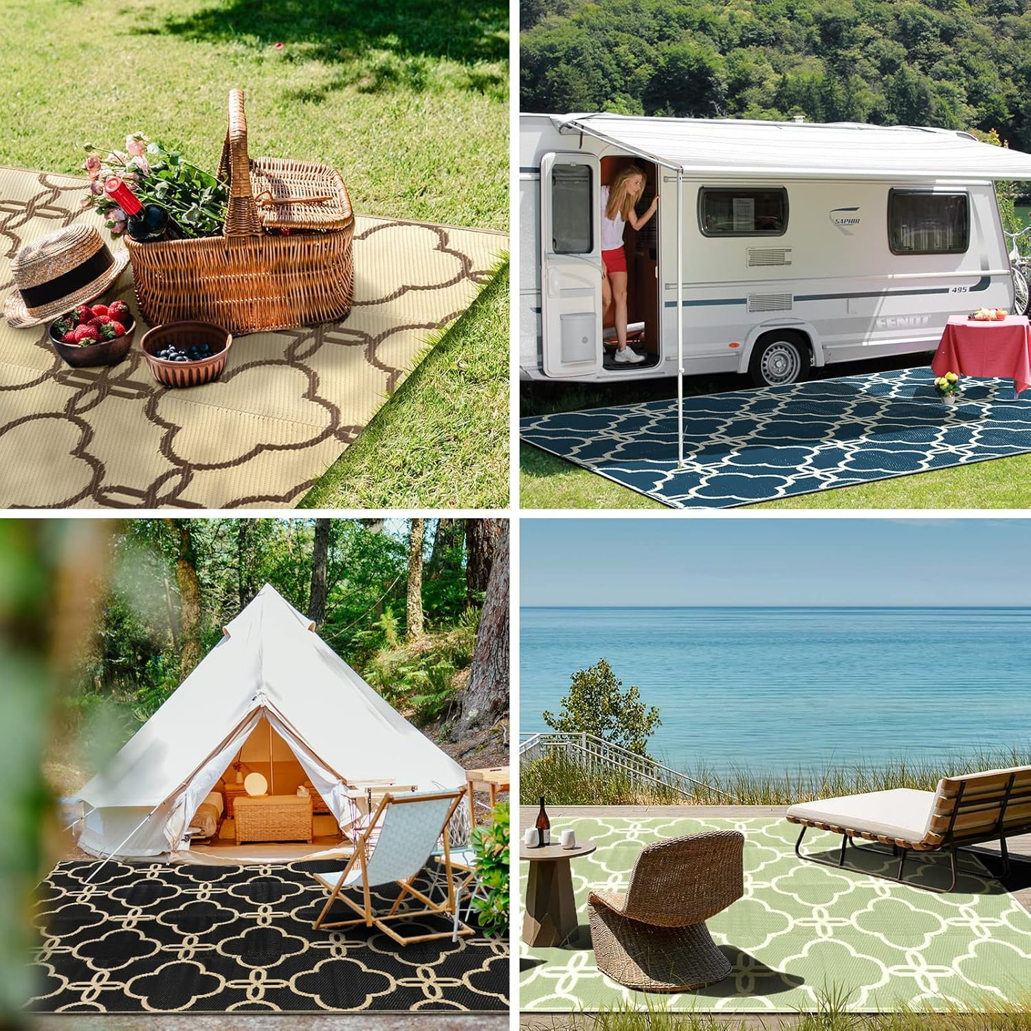 Waterproof Outdoor Patio Rug - Reversible Plastic Straw Camping Mat with Carrying Bag - Ideal for RV, Picnic, Backyard, Indoor Use - Durable & Easy-Clean Design, 5 x 8 ft, Light Coffee, 1 Pack
