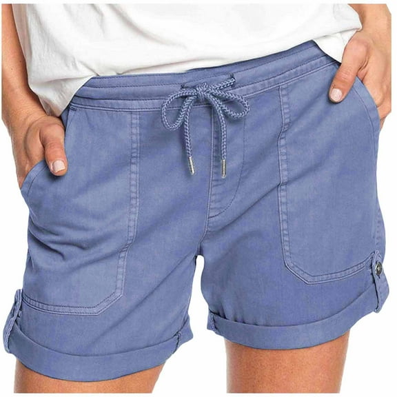 Pants for Women Trendy High Waisted Summer Solid Color Straight Elastic Waist Pocket Lace Up Rolled Up Shorts Trousers