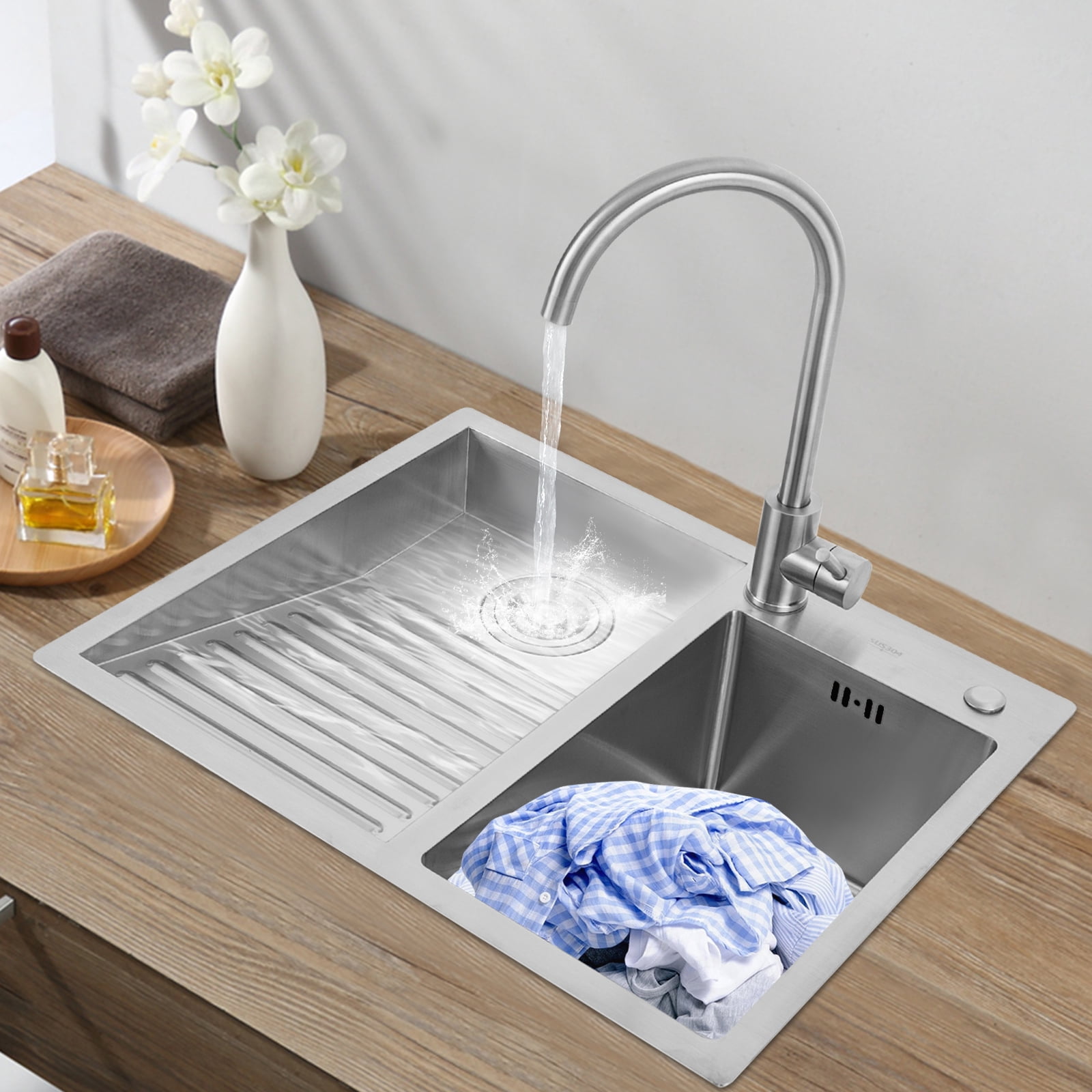 Miumaeov Stainless Steel Laundry Sink with Washboard 2-in-1 In-counter Undermount Utility Sink with Faucet for laundry rooms utility rooms