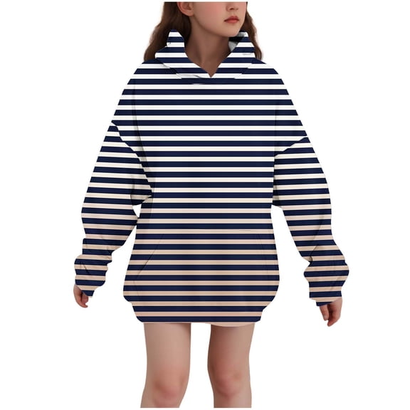 Zpanxa Big Girls Line Pattern Hooded Sweatshirt, Soft Brushed Interior Pullover with Kangaroo Pocket for School Wear 3-14 Years