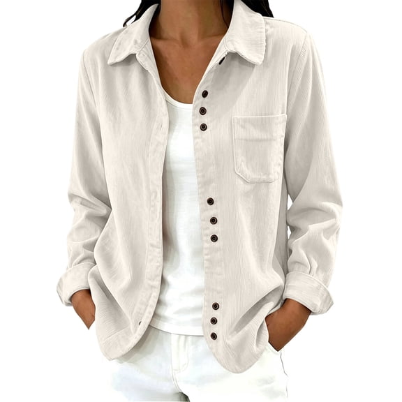 Zpanxa Fleece Jacket Women Corduroy Button Front Long Sleeve Shirt Jacket Loose Fit Solid Color Casual Lightweight with Pockets Fall Outerwear