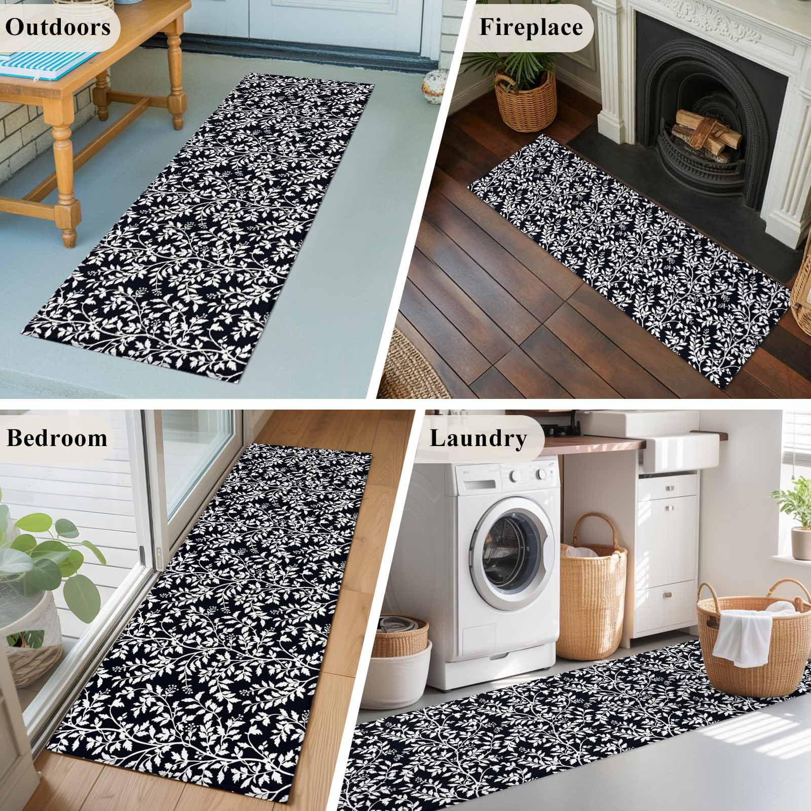 Runner Rug 2'x6', Black Spring Floral Washable Non-Slip Hallway Runner Rugs, Farmhouse Flowers Elegant Pastoral Bedside Rugs Floor Mats Carpet Runners for Kitchen Bathroom Laundry Room