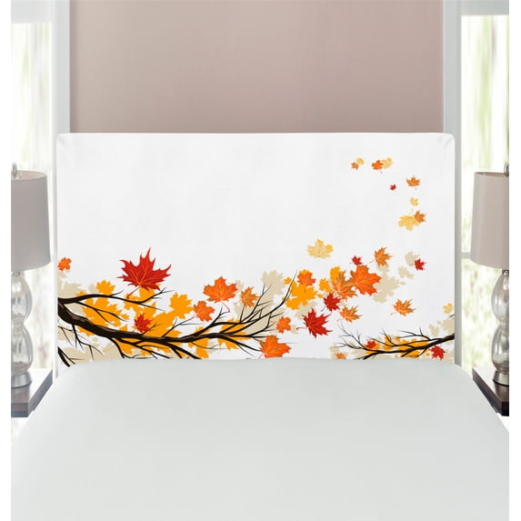 Fall Headboard, Swirling Bended Autumn Tree Branches Colored Leaves Pastoral Season Theme, Upholstered Decorative Metal Bed Headboard with Memory Foam, Twin Size, Marigold Dark Orange, by Ambesonne