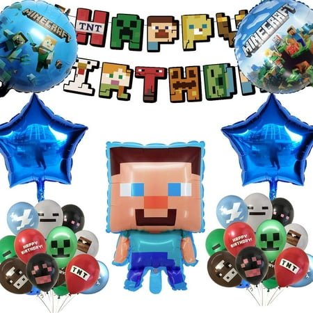 Minecraft Game Theme Birthday Party Decoration Balloons Banner Cake Toppers 30PCS Pixel Miner Foil Balloons