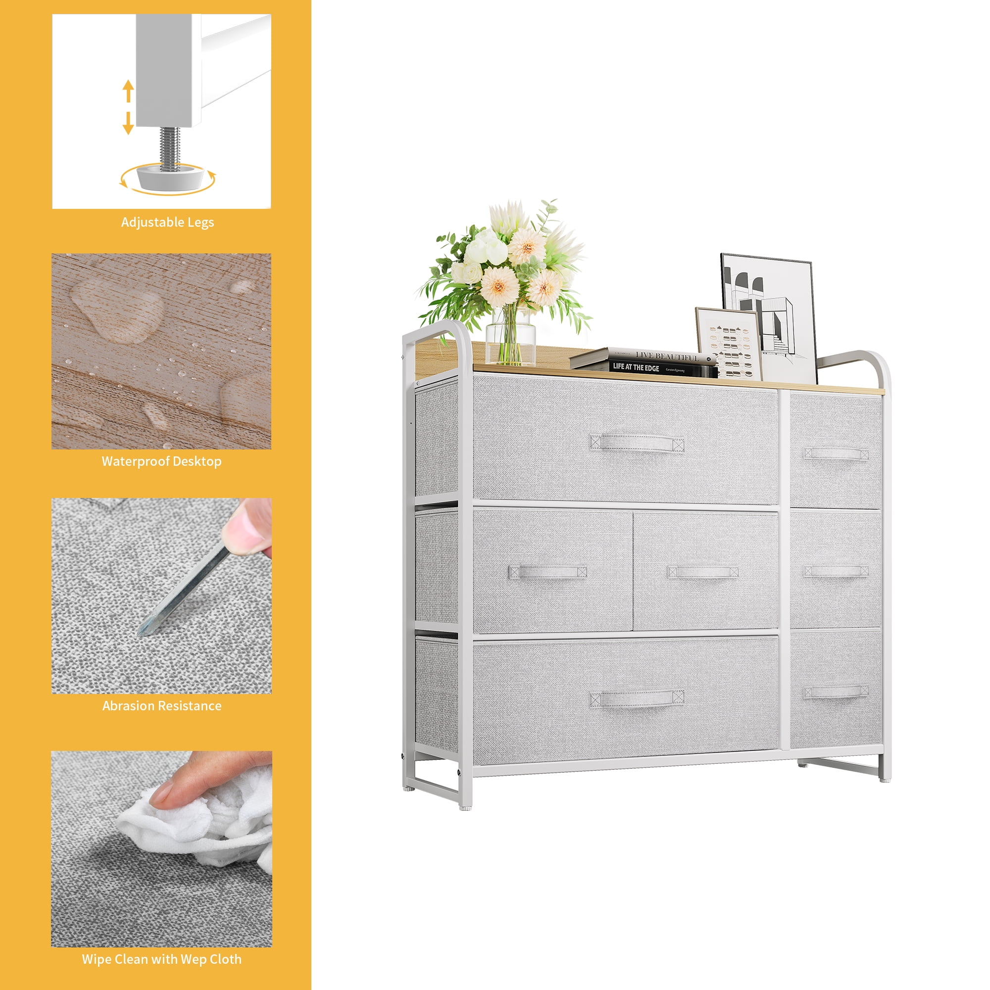Uforic Fabric Storage Dresser with 7 Drawers Steel Frame & Wooden Top Versatile Organizer for Bedroom, Living Room, Hallway & Closet Light Gray