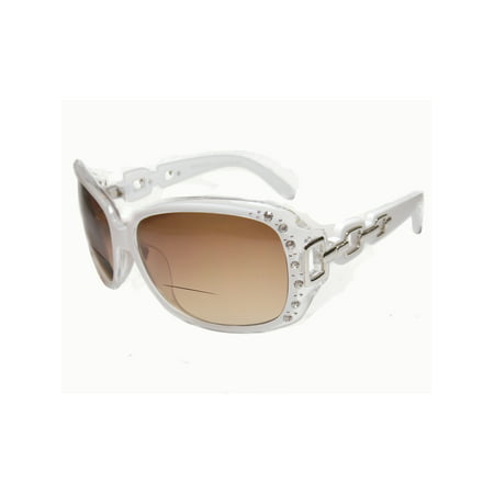 Womens Bifocal Lens Sunglasses Rhinestone Oversized Square Frame White +2.00