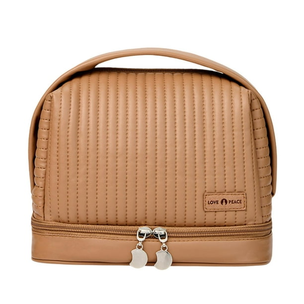 Bolsa de maquillaje de cuero PU, organizador multifuncional, bolso de mano, soporte para brochas de maquillaje, neceser de viaje impermeable portátil Café Yinane Neceser de viaje