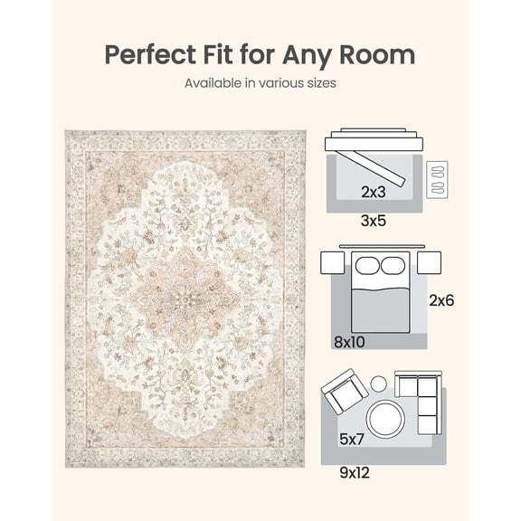 Amada Area Rugs 8x10, Non-Slip Washable Rug with Low , Bound Edge, Soft Large Vintage Rug for Living Room, Bedroom, Dinning Room, Home Office
