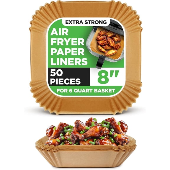 NutriChef 50-Piece Air Fryer Paper Liners, Square Disposable Parchment Liners, Non-Stick Oilproof & Waterproof, Fits 5.8 QT, for Air Fryers & Oven