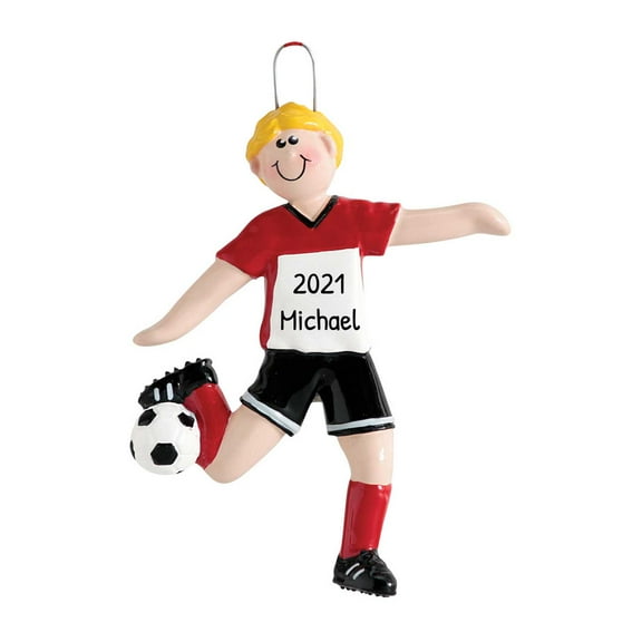 Ornaments by Elves Personalized Soccer Christmas Ornament Blonde Boy Soccer Player in Red .25lbs
