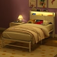 thumbnail image 2 of Yoneston Power Outlet LED Light Twin Metal Platform Bed Frame with 2-Tier Storage USB Port Charging Station Headboard for Kids Boys Girls, White, 2 of 11