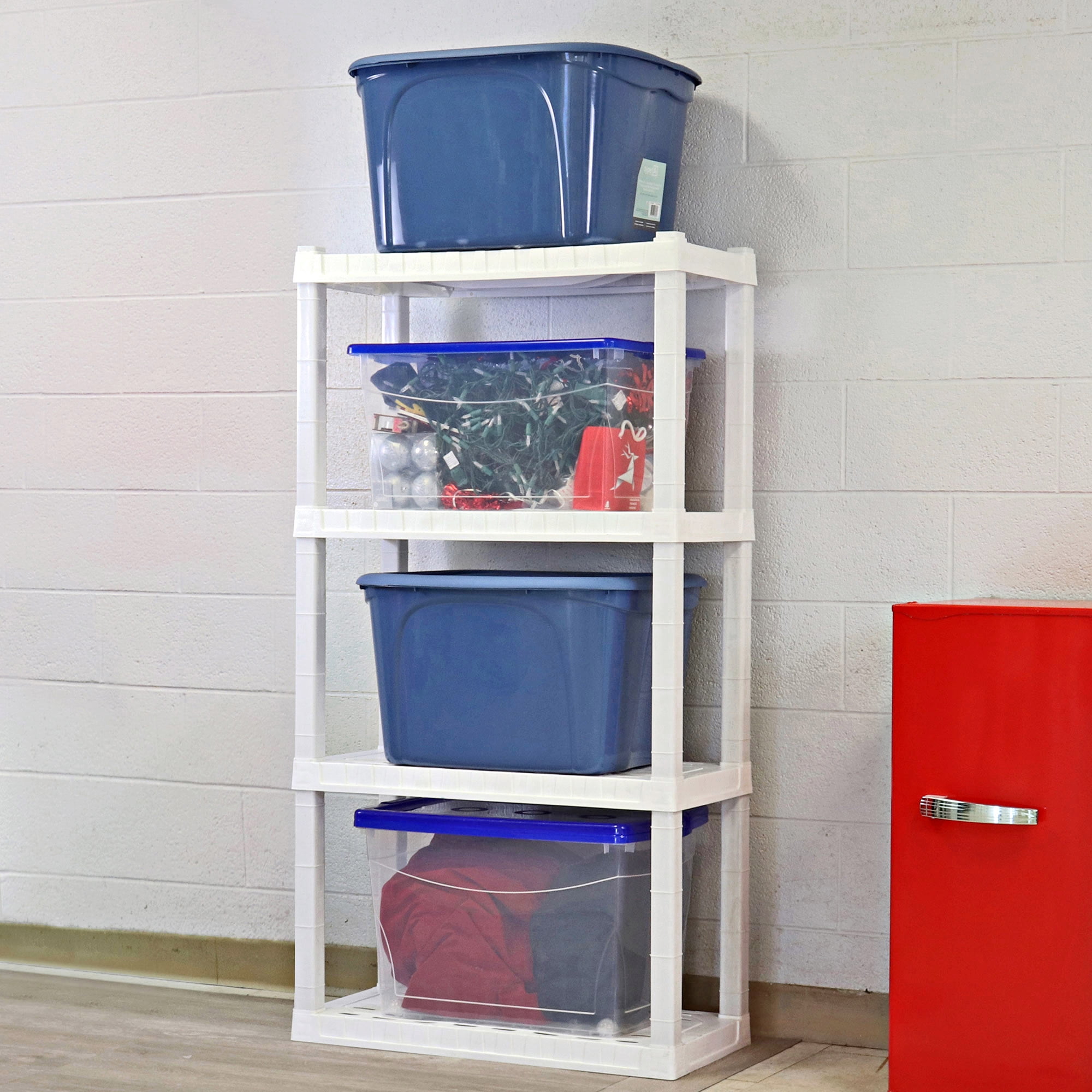 Oskar 4 Tier Plastic Shelf, Garage Shelving Unit, Rack and Storage Shelves  - Ideal for Storage Shed, and Shelf Organizer - Perfect for Garage Storage