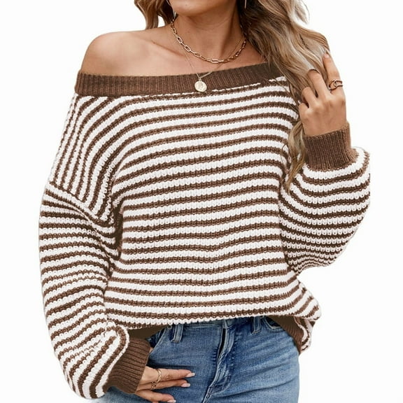 Womens Off the Shoulder 2025 Fall Winter Long Sleeve Striped Sweater Oversized Knitted Pullover Tops Coffee Color XL