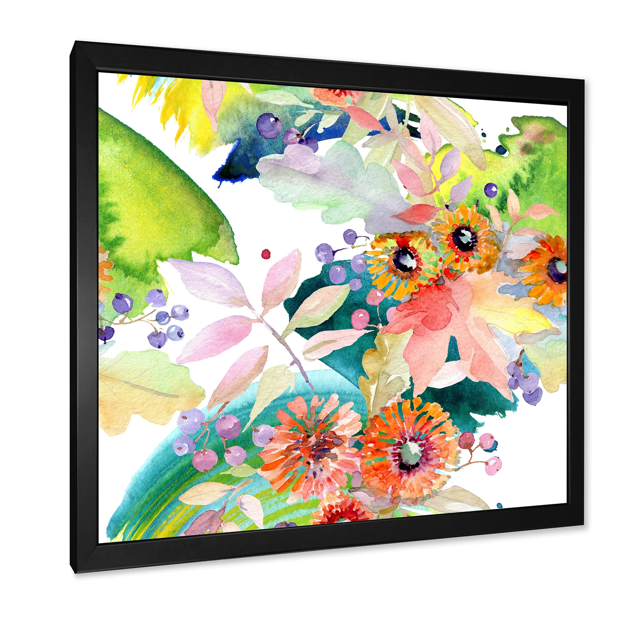 Vital Wild Spring Leaves and Wildflowers III 36 in x 36 in Framed Painting Canvas Art Print, by Designart