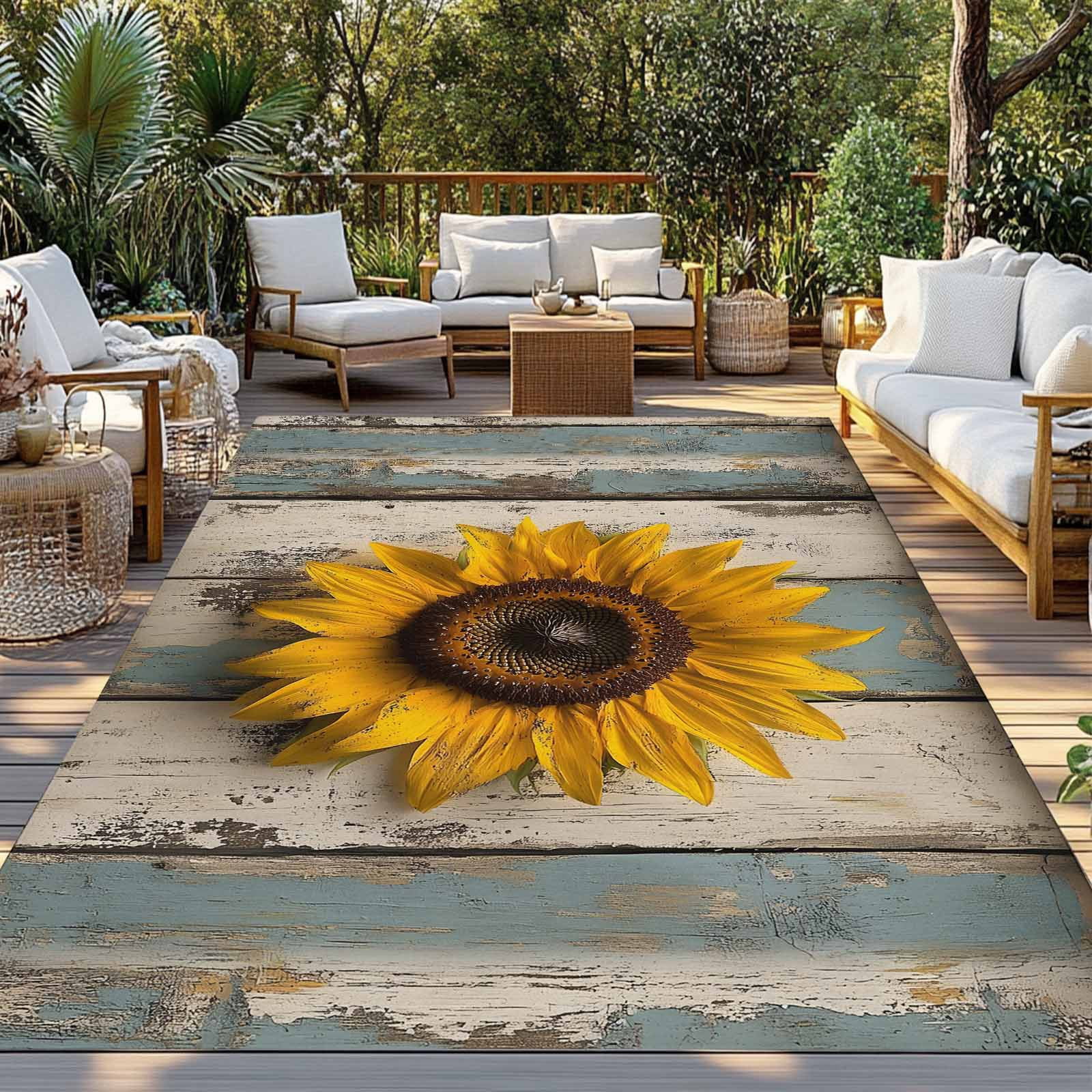 Fsddascl Sunflower Outdoor Rug for Patio/Deck/Porch, Non-Slip Large Area Rug 4 x 6 Ft, Yellow Vintage Summer Botanical Wooden Indoor Outdoor Rugs Washable Area Rugs, Reversible Camping Rug Carpet
