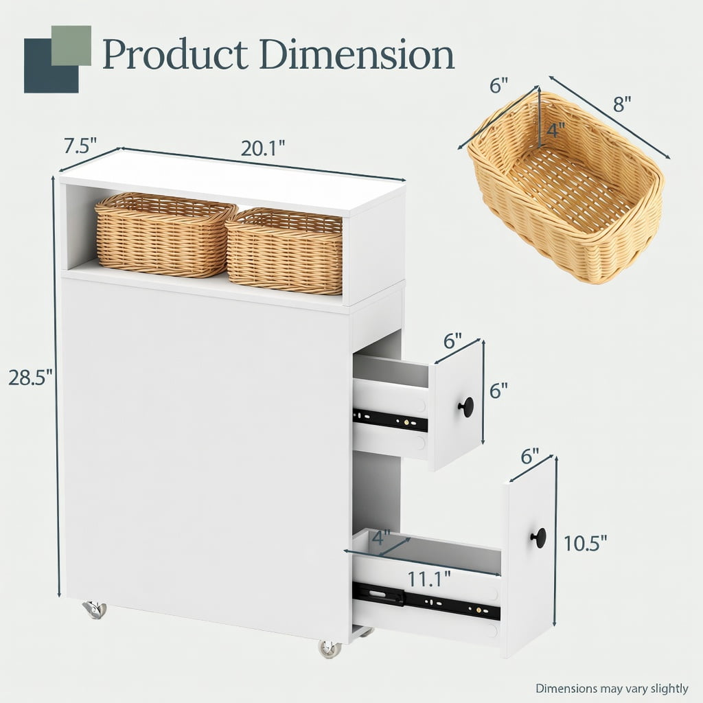 Demi Bonn Bathroom Storage Cabinet, Bathroom Floor Cabinet, Slim Bathroom Cabinet Wooden Toilet Organizer with Deep Slide Out Drawers, for Bathroom, Living Room, Bedroom, Kitchen, White