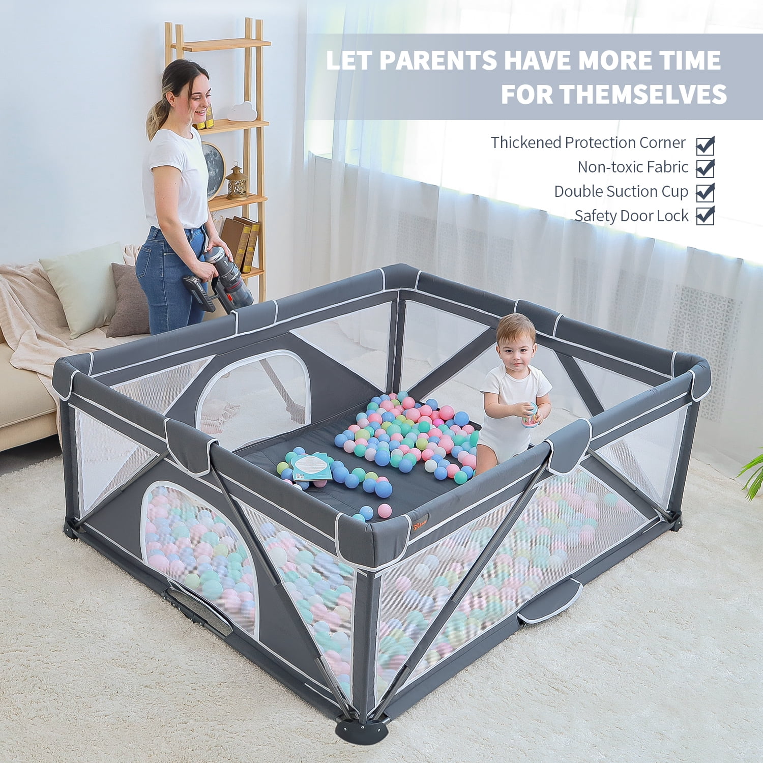 Yobear Baby Playpen, Foldable Playpen for Babies and Toddlers, Indoor & Outdoor Baby Activity Center with Visible Breathable Mesh, Portable Play Yard with 2 Handlers+50 Balls-50”×50”(Black)