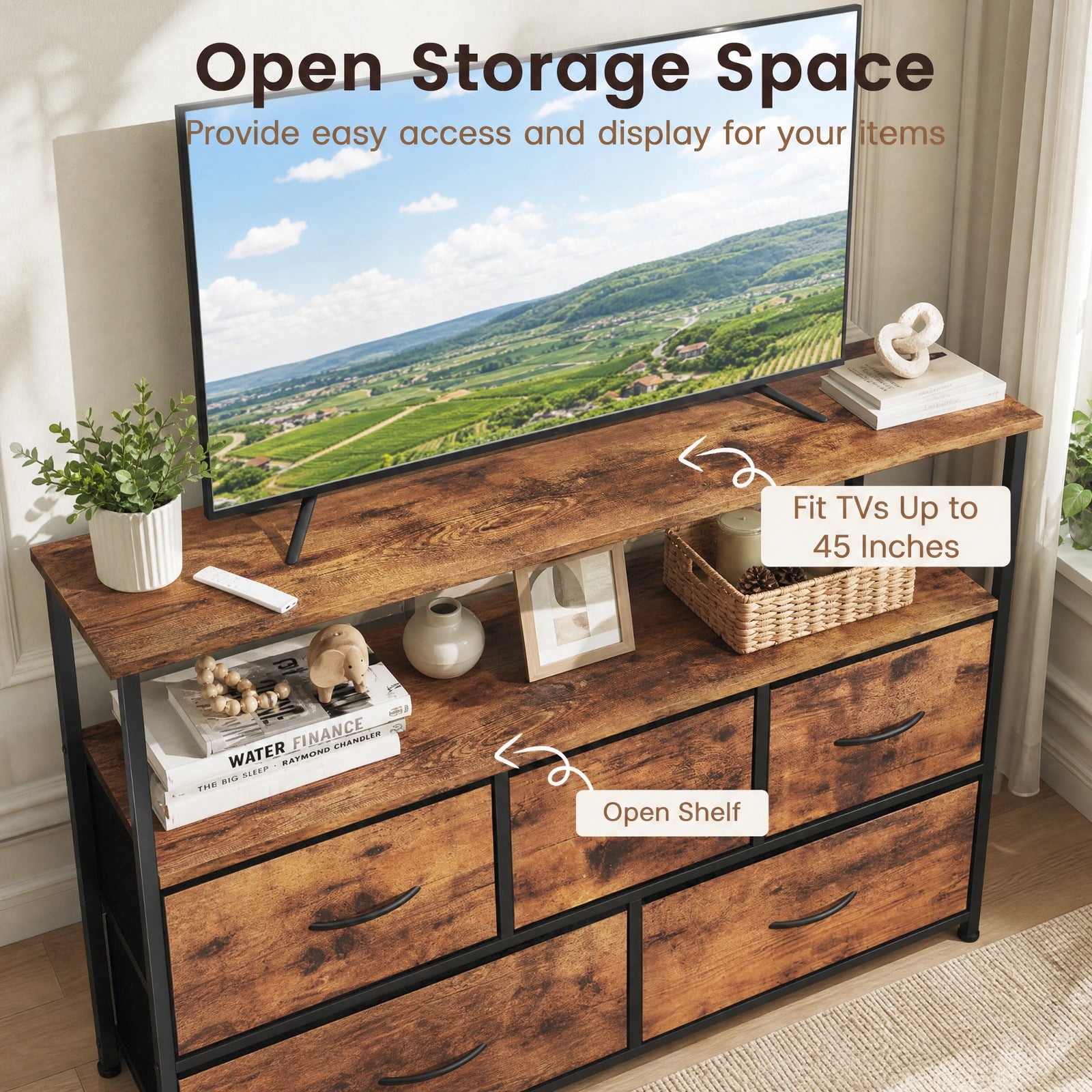 Furnibear TV Stand Dresser Entertainment Center for 45 Inch TV with 5 Fabric Drawers and Open Storage Shelf for Living Room Bedroom, Brown