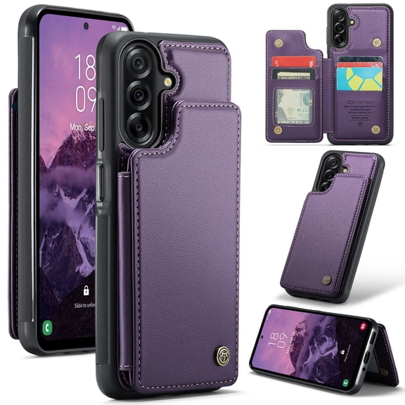 For Samsung Galaxy A17 Case with Card Holder, Wallet Flip Cover Case with RFID Blocking, Durable Leather Kickstand Magnetic Clasp Shockproof Phone Case for Women Men,Purple