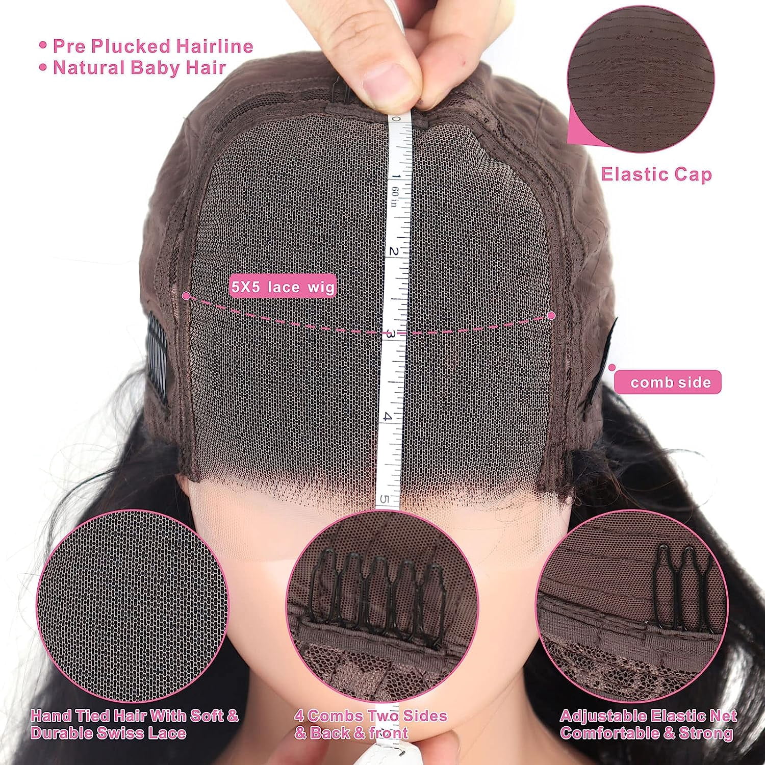 Lace Front Wig Human Hair Body Wave 5x5 Transparent Hd Lace Closure Wigs For Women 180 Density Pre Plucked Natural Black Color 18 inch