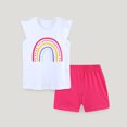 thumbnail image 2 of Girl Outfits Summer Rainbow Cartoon Print Fly Sleeve T Shirt Tops Solid Color Shorts 2Pcs Set Baby Clothes Hot Pink 6 Years-7 Years, 2 of 6