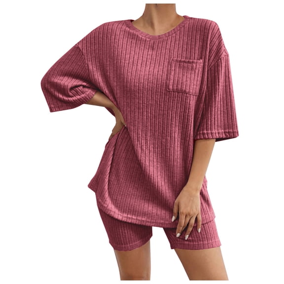 MuXiKeJi Clothes Lounge Sets For Women 2 Piece Ribbed Knit Shorts Set Casual Short Sleeve Tops Biker Shorts Vacation Cruise Outfits