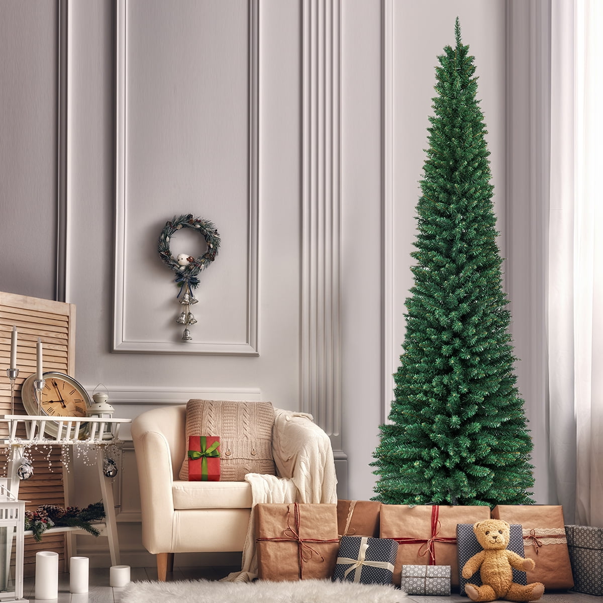 Gymax 9' PVC Artificial Christmas Tree Holiday Decor Slim Pencil Tree Metal Stand