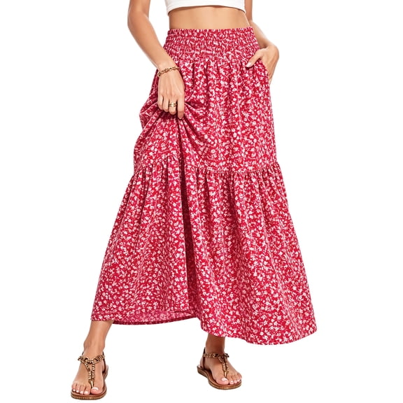 Enmain Flowy Maxi Skirt for Women Floral Pleated High Waist Drawstring Tiered Skirts with Pockets
