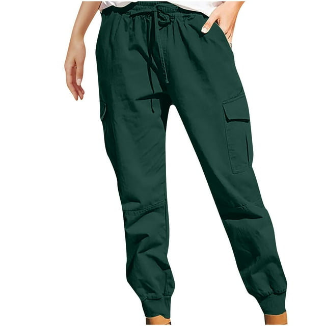 Plus Size Cargo Pants for Women Drawstring High Waisted Cargos with Multi Pockets Solid Pencil Trousers