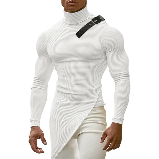 Lovzfmll Men's Mock Neck Top Stretch Sports Tight Fit Striped Long Sleeve White, M