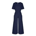 thumbnail image 4 of Dazajoo Women Solid Color Cotton Linen Jumpsuits With Pockets Summer Casual Short Sleeve Wide Leg Elastic Waist Jumpsuit Pants for Women 2024 Dressy Trendy Oversized Flowy Jumpers,Navy,XXL, 4 of 9