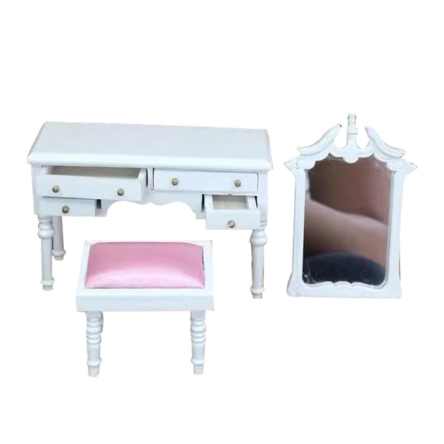 1Set Miniature Dollhouse Vanity Table Set with Stool 1:12 Scale White Makeup Dressing Table with Drawers for Bedroom Scene Decoration